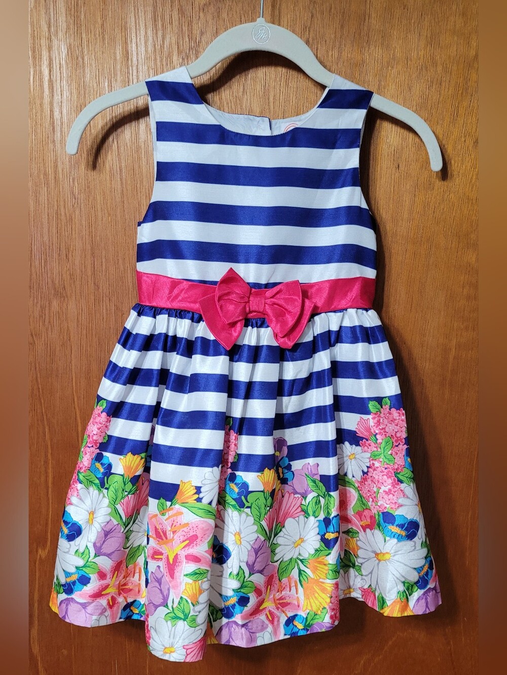 Wonder Nation Girls Size 6 Dress Navy White Stripe Floral Bottom Pink Tie (0968)